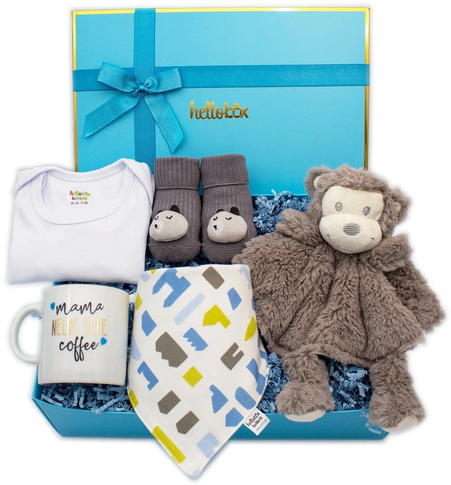 Baby Geschenk zur Geburt Junge - Schmusetuch, Anti-Rutsch Erstlingssöckchen, Mama Kaffetasse, Baby body(Blau)-0