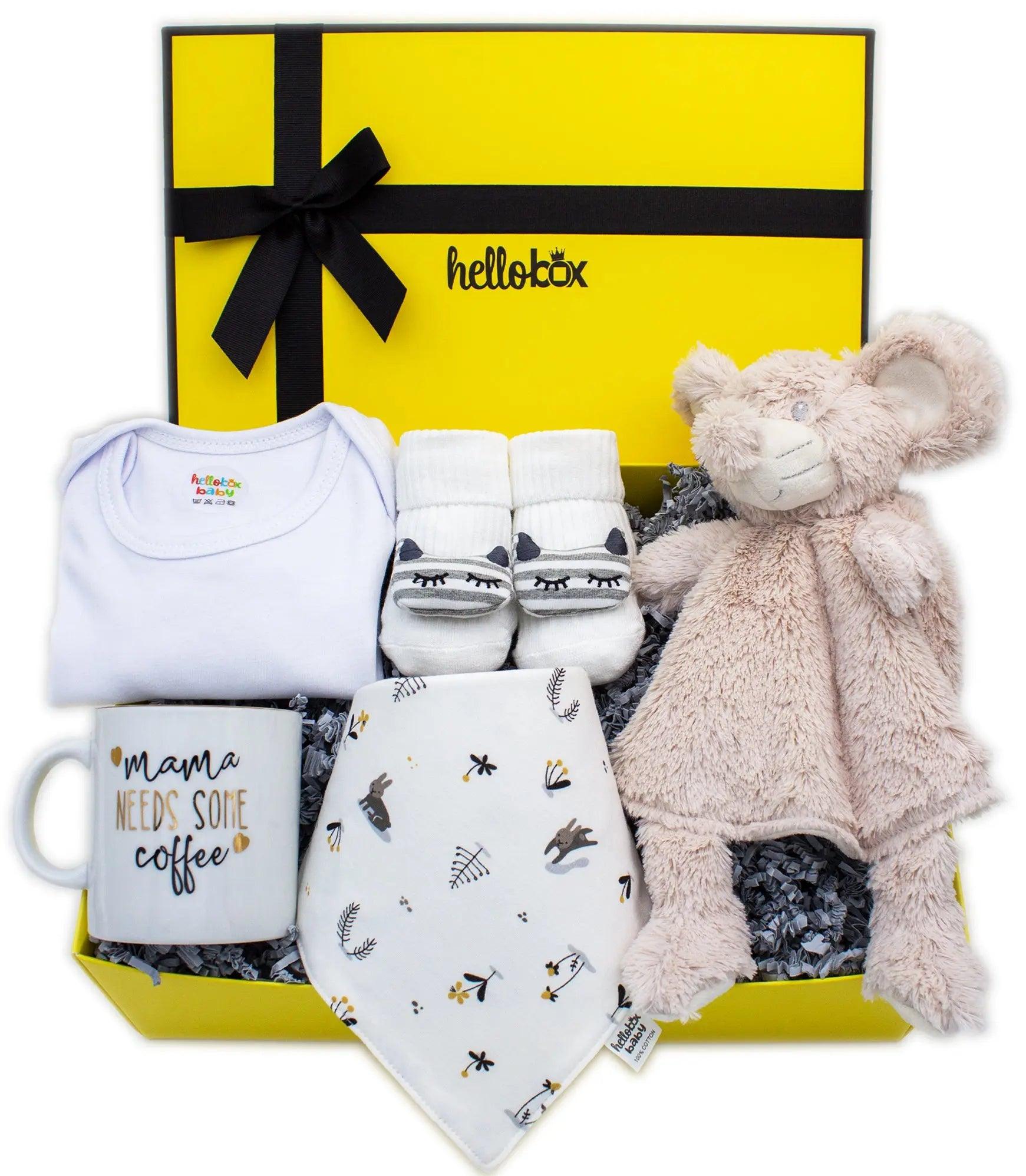 Baby Geschenk zur Geburt Junge - Schmusetuch, Anti-Rutsch Erstlingssöckchen, Mama Kaffetasse, Baby body(Gelb)-0