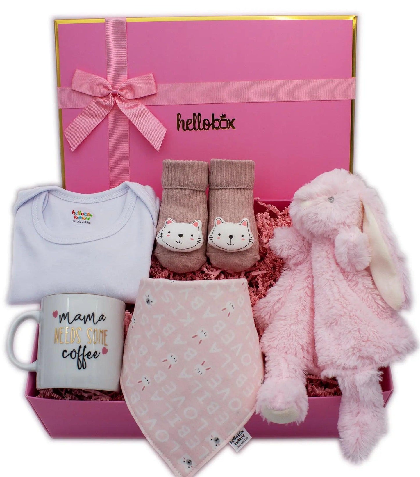 Baby Geschenk zur Geburt Mädchen - Schmusetuch, Anti-Rutsch Erstlingssöckchen, Mama Kaffetasse, Baby body(Rosa)-0
