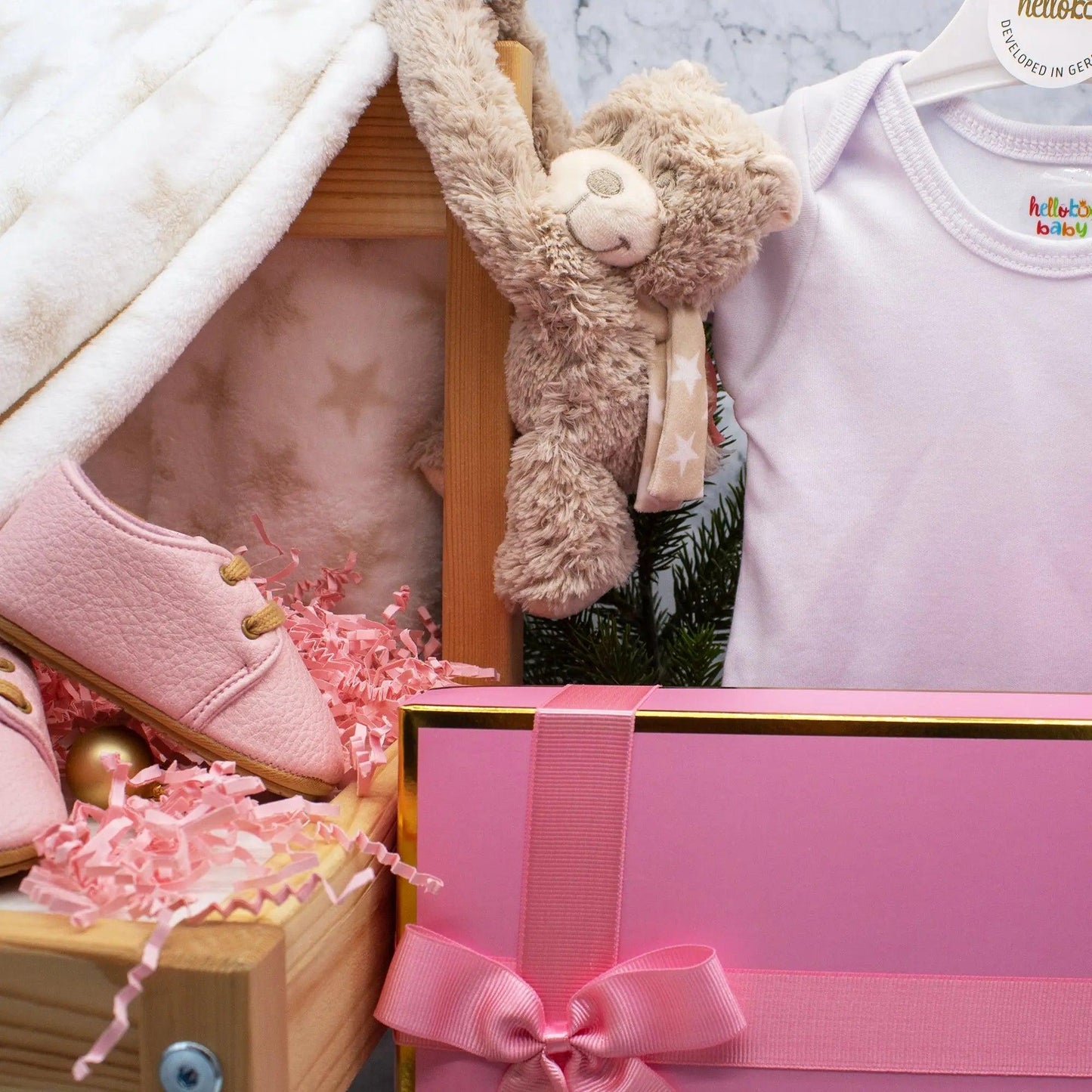 Hello box Baby Geschenkset zur Geburt für mädchen, Neugeborene geschenkset mit Lauflernschuhe, Babydecke, Kuscheltier Rosa Mädchen-3