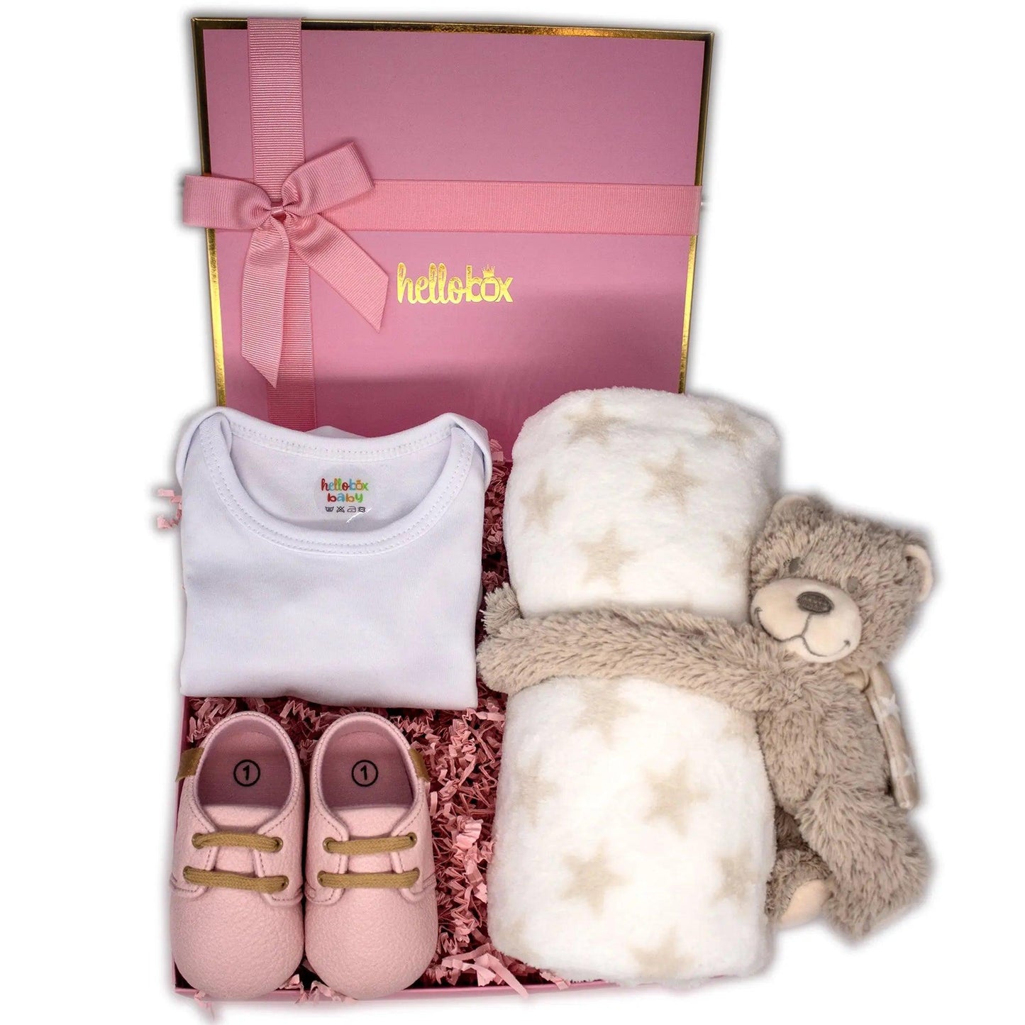 Hello box Baby Geschenkset zur Geburt für mädchen, Neugeborene geschenkset mit Lauflernschuhe, Babydecke, Kuscheltier Rosa Mädchen-0