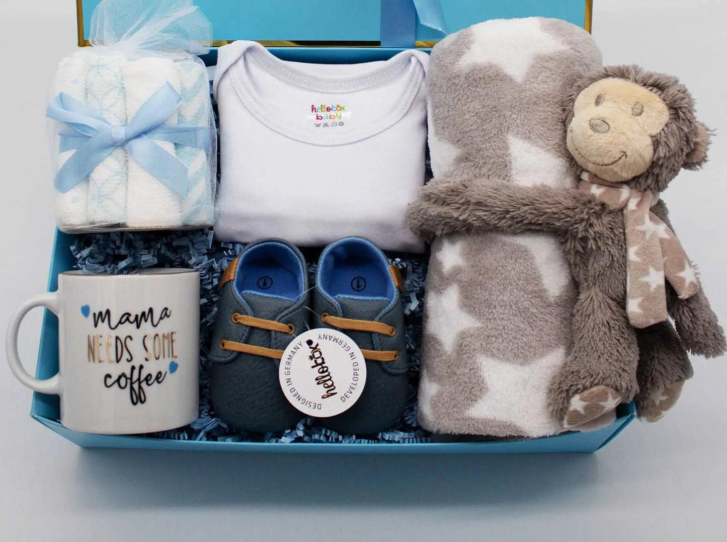 Hellobox Geschenke für neugeborene mit Babydecke, Kuscheltier (17 Teile) (Blau/Weiss/Grau) Junge-4