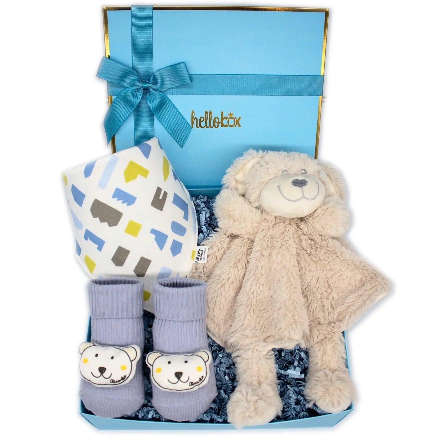 Hellobox Schmusetuch, Anti-Rutsch Erstlingssöckchen und Lätzchen Baby Geschenk zur Geburt Junge  (Blau)-0