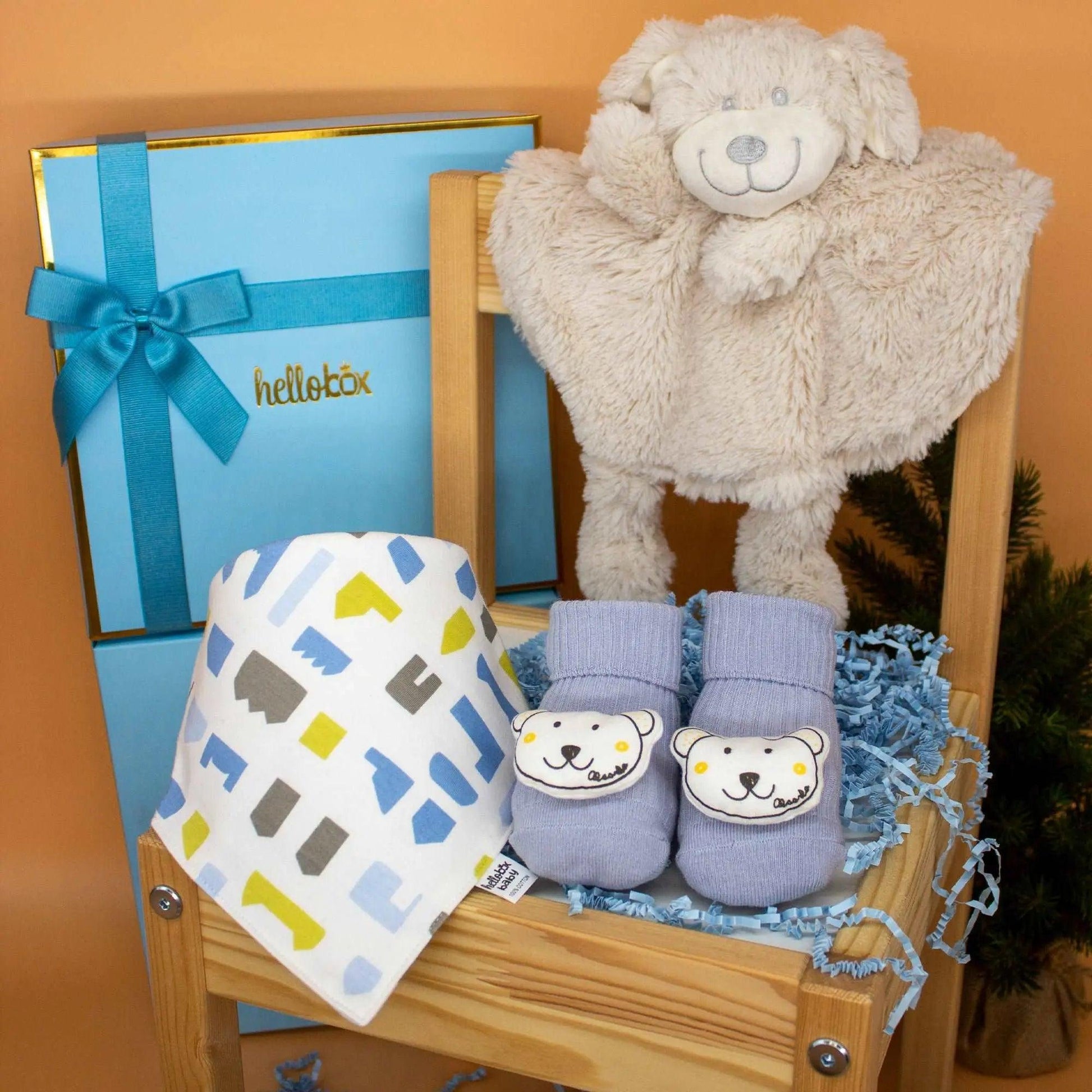 Hellobox Schmusetuch, Anti-Rutsch Erstlingssöckchen und Lätzchen Baby Geschenk zur Geburt Junge  (Blau)-5