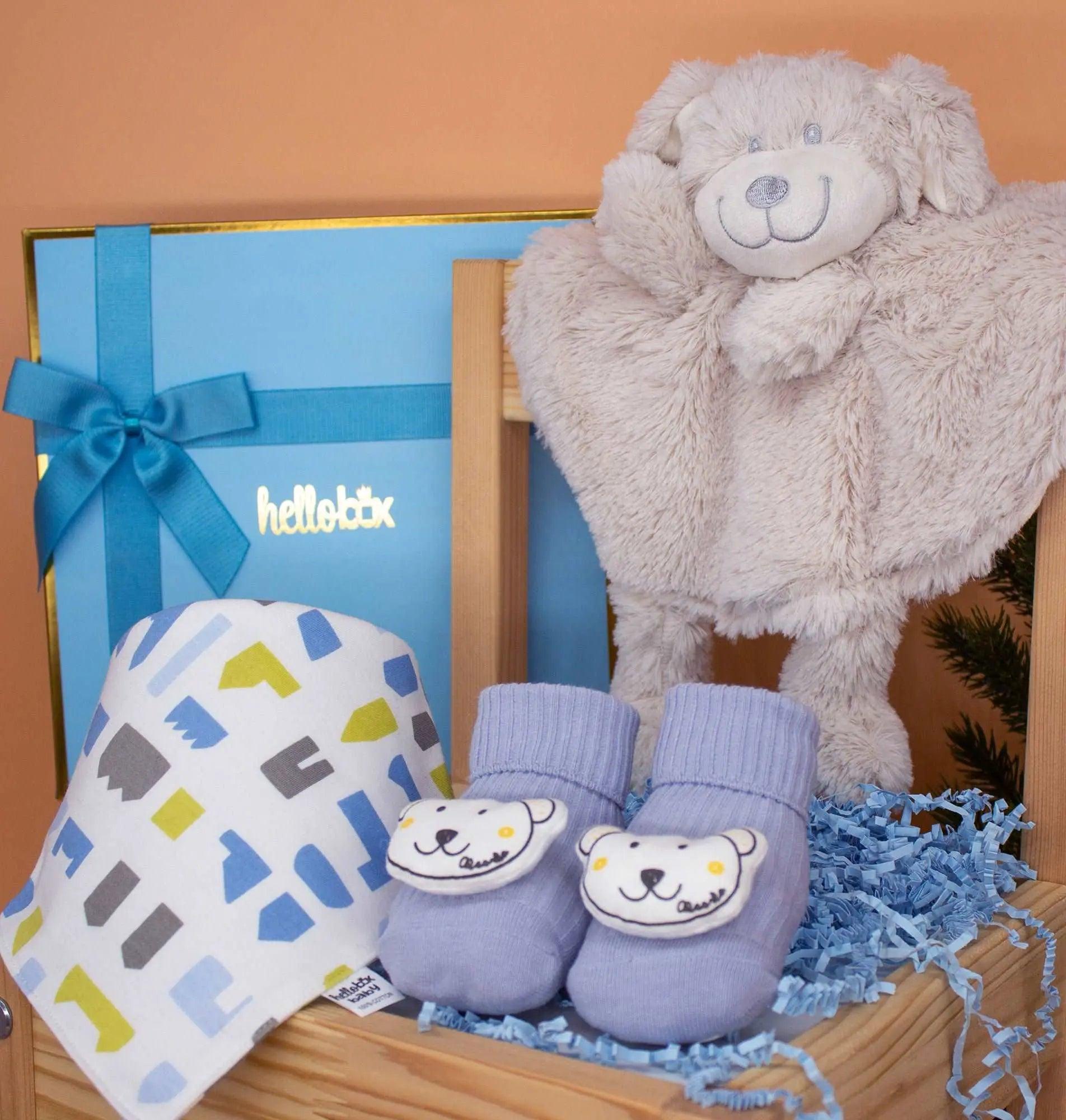 Hellobox Schmusetuch, Anti-Rutsch Erstlingssöckchen und Lätzchen Baby Geschenk zur Geburt Junge  (Blau)-3