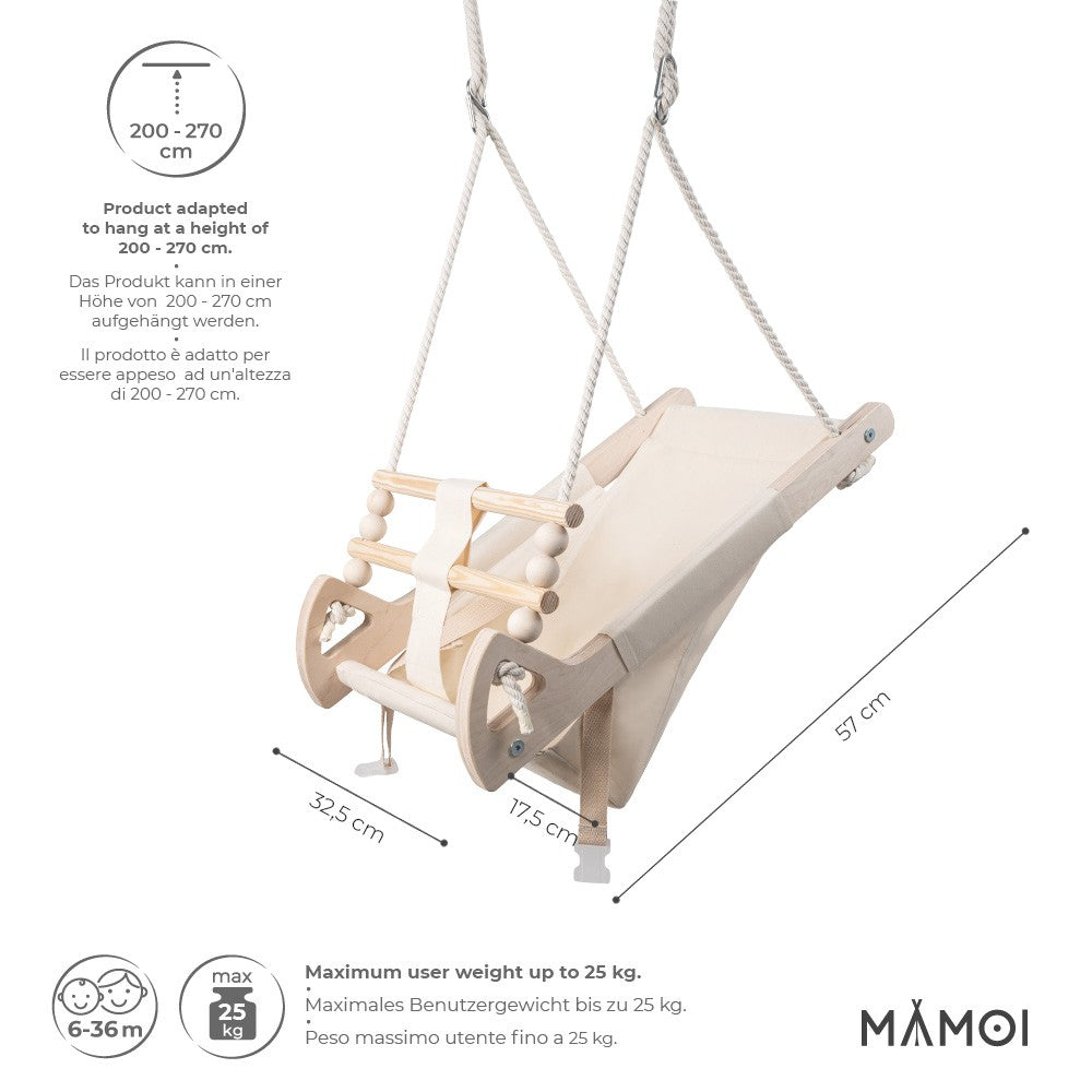 MAMOI® Stoffschaukel Kinder für Kinder mit Sitzgurt | Kleinkindschaukel für Draußen aus Holz und Baumwolle | Baby Hängeschaukel modernes Design | 100% ECO | Made in EU-2