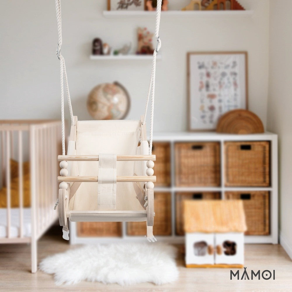MAMOI® Stoffschaukel Kinder für Kinder mit Sitzgurt | Kleinkindschaukel für Draußen aus Holz und Baumwolle | Baby Hängeschaukel modernes Design | 100% ECO | Made in EU-4