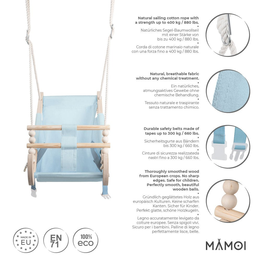 MAMOI® Stoffschaukel Kinder für Kinder mit Sitzgurt | Kleinkindschaukel für Draußen aus Holz und Baumwolle | Baby Hängeschaukel modernes Design | 100% ECO | Made in EU-1